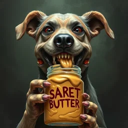 lovecraftian eldrich horror dog holding a jar of sacred peanut butter, horror, creepy, creepy teeth, nightmare