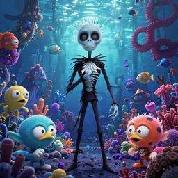 tim burton psychic punk rocker vampiric electrifying rockstar background designs of vibrant underwater locations filled with fish and coral by genndy tartakovsky and splatoon by nintendo and the psychonauts franchise by doublefine tim shafer artists and the creators of fret nice at pieces interactive for the new hotel transylvania film