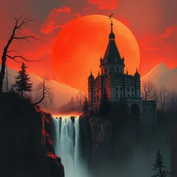 a painting of a dreadful red sun over a castle with waterfall in front of it. highly detailed, digital painting, watercolor, soviet realism, engraving, artstation, concept art, smooth, sharp focus, vivid grunge, manga, illustration, unreal engine 5, 8 k, art by bilibin and kilian eng and kuvshinov and malevich and mucha