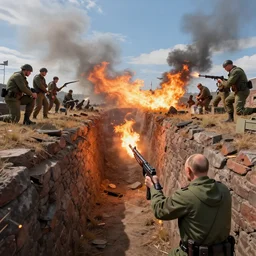 putin fires a firearm in the trenches in the war, colorful, contrast, 3 d scene, greg rutkowski, zabrocki, karlkka, jayson devadas, trending on artstation, 8 k, ultra wide angle, zenith view, pincushion lens effect