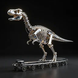 Simple bionic exploded drawing dinosaur skeleton sculpture made from rollercoaster, with big chrome tubes, chains organs, by david lachapelle, by angus mckie, by rhads, in a dark empty black studio hollow, c4d, at night, rimlight, rimight, rimlight, c4d, blender donut tutorial, octane,  by jonathan ivy