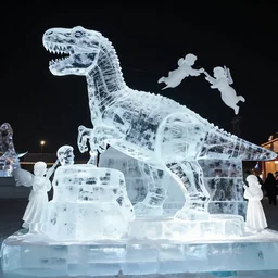 ice sculpture inspired by a man made sculpture of a dinosaur. angels everywhere.