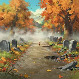 a wholesome animation key shot of a cute empty daytime autumn winter destroyed damaged foggy graveyard damaged runway, studio ghibli, pixar makoto shinkai and disney animation, sharp, rendered in gouache painting, anime key art by greg rutkowski, bloom, dramatic, dynamic lighting