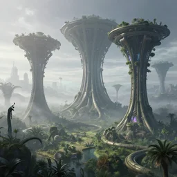 a futuristic image of an alien swampland with gigantic complex shaped tower with tubes intersecting, by James clyne, foggy, cyberpunk city in the distance, iridescent, artstation, CG society, Ariel view, wide angle
