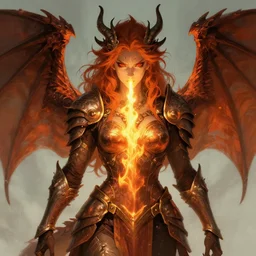 portrait of dragon master lady, taned skin, red eyes, wild ginger hair, draconic looking armor, symmetric wings, firebreathing, high fantasy, dnd, d & d, illustration, by artgerm, greg rutkowski, alphonse mucha - h 7 6 8
