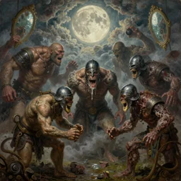concept art of giant ogres, renaissance, divers helmet, lots of teeth, melting horror, round moon, rich clouds, fighting the horrors of the unknown, mirrors, very detailed, volumetric light, mist, grim, fine art, decaying, textured oil over canvas, epic fantasy art, very colorful, ornate, anato finnstark