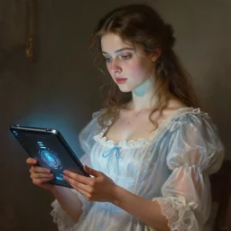 upper body portrait of a beautiful maiden in a victorian nightgown holding a futuristic tablet, award winning, masterpiece digital painting by greg rutkowski, alex grey, artstation, 4 k wallpaper,