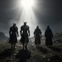 a demon!!!!! a knight!!!!! a samurai!!!!! and a wizard!!!!! walking away from the camera over a hill, depth of field, perspective, lens flare, from a distance, backlight, rays of shimmering light, tones of black, low contrast color, high contrast light, unreal engine 5, concept art
