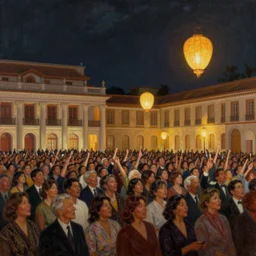 night ceremony in the palace, crowd, happy faces, lanterns, detailed, oil - paint