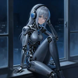cyborg - girl with silver hair, wearing headphones, and sitting on a window sill, highly detailed, painting, dark blue and black color palette, intricate, high quality anime artstyle, in the style of makoto shinkai