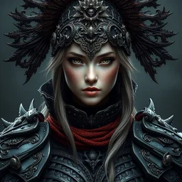 portrait of beautiful female warrior by irakli nadar with intricate detailed wearing heavy armor dress designed by alexander mcqueen and rocky gathercole, haunting, elite, elegant, ruan jia, dark, hyper detailed, concept art, by gustav klimt,