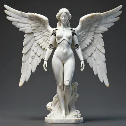 a statue made of white marble with gold veins, of an gorgeous futuristic cybernetic angel girl, prostheses, transhumanism, full body shot, perfect symmetrical body, perfect symmetrical face, hyper realistic, hyper detailed, by johannen voss, by peter kemp, by monia merlo, by michelangelo, octane render, blender, 8 k