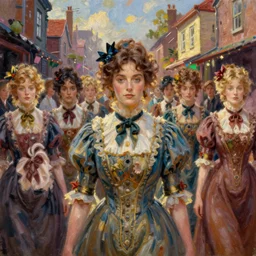 thousands of clones of a Victorian woman, slums, vibrant, fantasy, trending on art station, oil painting, concept art