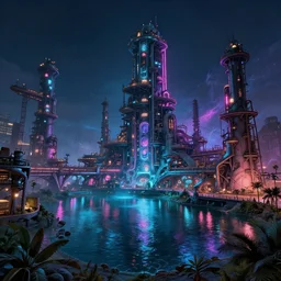a beautiful ultradetailed highly detailed architecture industrial architecture assembly by jan van goyen, gem extraterrestial alien lake lightpaint neon noir cosmic at night san andreas fantasy, archdaily, wallpaper, highly detailed, trending on artstation.