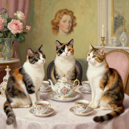 a trio of calico cats enjoying a fancy english tea party, painted by michelangelo