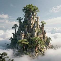 majestic tree castle, clouds, tall trees, octane render, volumetric, unreal engine
