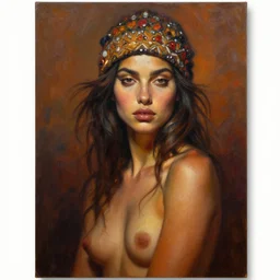 detailed full body portrait in daring femininity, ethnic, realistic face sculpted features, statuesque model, knit cap, tousled hair, warm cast, bathed in light, chiaroscuro, embellished accents, cinematic lighting, specular highlights, angular impressionism, radiant, deep rich tones, contemporary art, oil on canvas