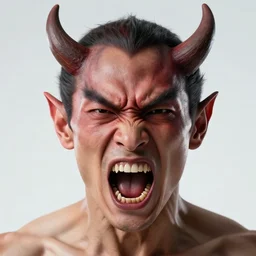 face portrait of angry male demon screaming, realistic, high qulity, 4 k, sharp fucos, tranding on art station, illustration, art by artgerm and greg rutkowski and alphonse mucha