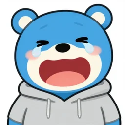 cartoon drawing of a blue bear crying of laughter wearing a gray hoodie