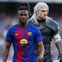 Ousmane Dembélé from Barcelona as Geralt of Rivia fromThe Witcher, white hair