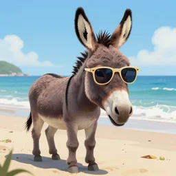A donkey wearing cool sunglasses at the beach, digital art, by Irina French