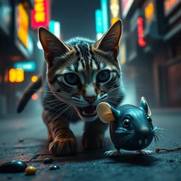 big cat chasing a mouse by mark ryden in cyberpunk environment, 4 k ultra high resolution, horror, long camera shot