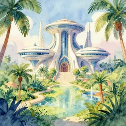 futuristic scifi palace next to a lush oasis. watercolor by award - winning iranian comic artist, depth of field, vibrant colors.