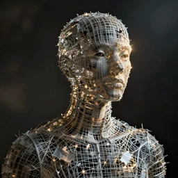 a human sculpture made out of damaged wired mesh