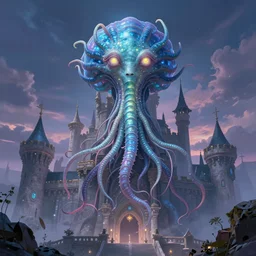 medusa with glowing eyes in front of a beautiful sky castle, ray tracing, amazing detail, fantasy, digital drawing