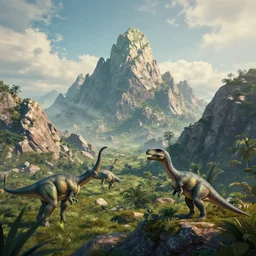 sublime beautiful landscape of an alien world with mountains and dinosaurs