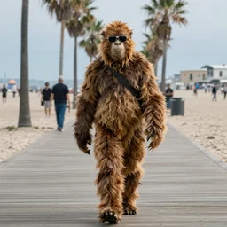 cinematography of bigfoot wearing sunglasses walking down the Venice beach boardwalk by Emmanuel Lubezki