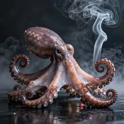 an octopus in a smokey room smoke curling around the beak, 4k, realistic lighting, surface reflections