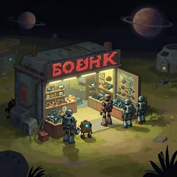 outside a store that sells robot parts, in a small remote outpost, on a remote planet, cyberpunk style, from a point and click 2 d graphic adventure game, set design inspired slightly by tomb raider, art inspired by [ [ [ thomas kinkade ] ] ] and [ mark keathley ]