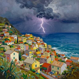 a painting of a landscape panorama of a cozy seaside village with a menacing lightning storm on the ocean horizon, vivid colors, by anthony micallef by camille rose garcia,