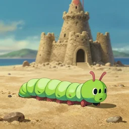 a wholesome animation key shot of a caterpillar crawling through beach sand, sand castle in the background, studio ghibli, pixar and disney animation, sharp, rendered in unreal engine 5, anime key art by greg rutkowski, bloom, dramatic lighting