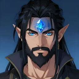 blue forehead crystal, male black haired half elf, thick goatee, blue eyes, artstation, style of jesper ejsing, by rhads, makoto shinkai and lois van baarle, ilya kuvshinov, ossdraws