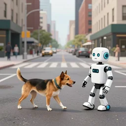 a dog walking a robot on a inner city urban street set in the late 2 1 2 2 one hundred years of agi, caricature styling