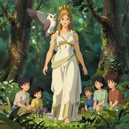 full body shot of the goddess athena with owl on shoulder in the forest, cel shaded vector art, toon shading, behance, hd by lois van baarle, artgerm, helen huang, by makoto shinkai and ilya kuvshinov, rossdraws, studio ghibli animation still