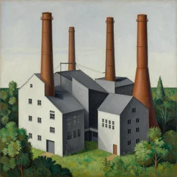 geometric painting of industrial buildings surrounded by undergrowth by hieronymus bosch