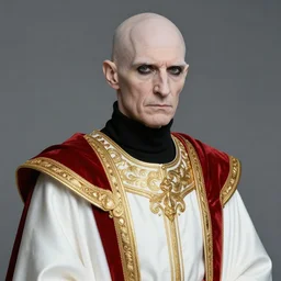 a bald pale ninety year old sorcerer. stately and dour. eyeliner accentuates his sunken eyes. a high black turtleneck. opulent white golden red robe. white leather gloves with gold decoration, sharp focus, a downcast shaddow, his gloved hands crossed in front of his face with a sour expression, illustration, digital painting, art by magali villeneuve
