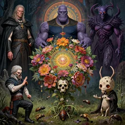 the platonic ideal of flowers, rotting, insects and praying of cletus kasady carnage thanos davinci dementor chtulu mandala ponyo doctor manhattan the witcher, fantasy, ego death, decay, dmt, psilocybin, concept art by randy vargas and greg rutkowski and zdzisław beksinski