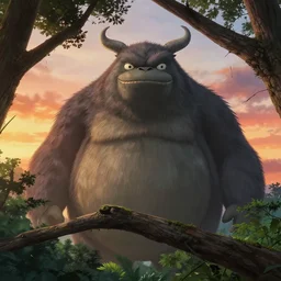 close up of a giant spirit monster rising from a forest. tree branch in foreground. tree top perspective. 4 k, artgerm, high detail, dramatic lighting, sunset, hayao miyazaki, masashi ando, nizou yamamoto, kazuo oga, joe hisaishi, yoji takeshige, naoya tanaka