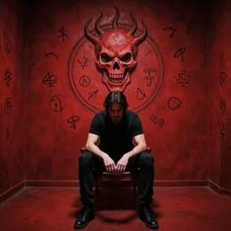 a man is sitting in a red room with infernal symbols and sigils and runes for death and anger
