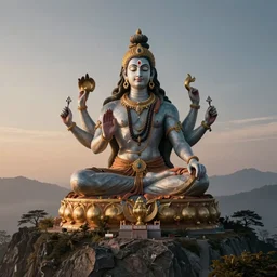shiva embraces lakshmi atop a mountain at dawn