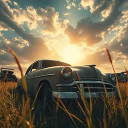huge scene, by jordan grimmer, grass, abandoned old car close - up at a car dump, detailed, godrays, low angle, trending on artstation, volumetric, epic sky, warm lighting, vivid, beautiful, cinematic view, concept art, macro, art greg rutkowski, high detail