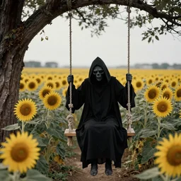 a photo realistic dreamlike depiction of beautiful grim reaper sitting on a tree swing before a field of sunflowers, legendary grainy 1 8 0 0 photo by greg rutkowski