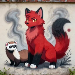 furry _ fandom _ fursona ( red - and - black, weasel - ferret - stoat ), wall _ graffiti ( background = smoke )