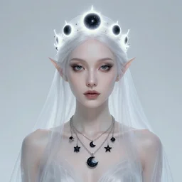 a portrait of a galaxy as an androgynous druid spirit wearing five necklaces of moons and stars, wearing a glowing crown of black holes, black eyes and sclera, draped in transparent cloth, colorful, flat colors, occult, ornate, detailed, bust by alphonse mucha, decorative art nouveau border, astrophotography, vast cosmos, digital illustration, trending on artstation