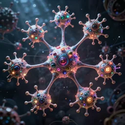 quantum connections represented as symbiotic organisms like cells playing around with colorful lights by ernst haeckel, connectivity, sharp, futuristic, magnetic
