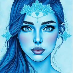 hydrogen. beautiful, realistic symmetrical portrait painting by mucha and kuvshinov and bilibin. synthwave watercolor, thick linings, manga, soviet realism. blue color scheme